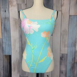 Vintage Y2K Ralph Lauren Blue Floral One Piece High Cut Swimsuit Size 10